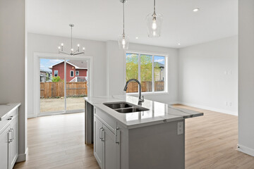 Kitchen with a white island and a sink
