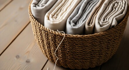 Obraz premium Eco-conscious interior design with woven basket and neutral sustainable linens