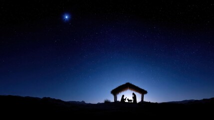 Nativity scene at night with starry sky and bright star. Christmas Day