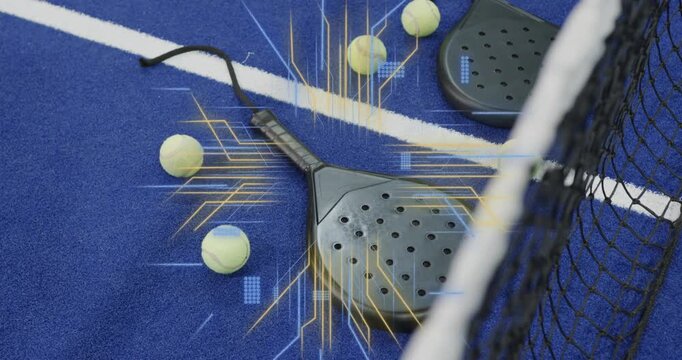 Circuit overlay fading around padel racket, golden beams emerging and pulsing visualizing circuitry