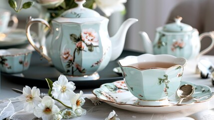 Fototapeta premium Elegant floral tea set with delicate flowers and mint green design