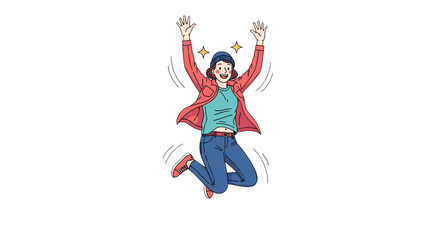 Obraz premium Woman with beanie jumping with hands raised in the air with sparkle effects around her head in happiness