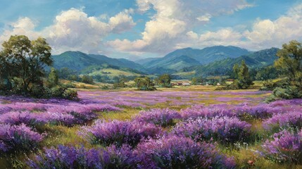 Obraz premium Lavender fields in bloom with mountain backdrop and expansive sky