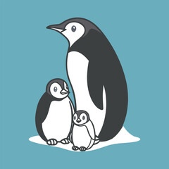 Naklejka premium Cute black and white cartoon penguin bird on a snowy winter ice background, a wildlife animal illustration showing nature in Antarctica
