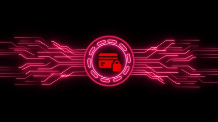 Animated red credit card icon with a padlock on a black background with a digital circuit board design, symbolizing secure online payment and financial data protection.