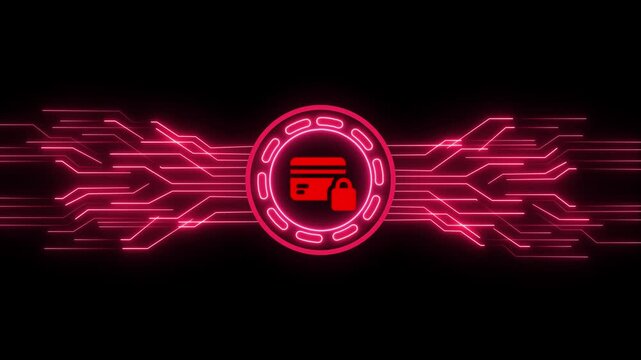 Animated red credit card icon with a padlock on a black background with a digital circuit board design, symbolizing secure online payment and financial data protection.