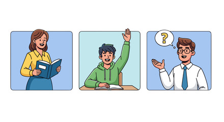 Illustration showing a teacher reading, student raising hand, and teacher with question mark thought bubble