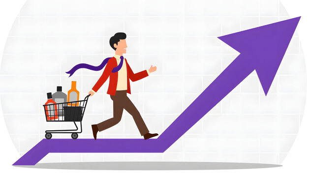 Man pushing shopping cart up an arrow, representing growth and success