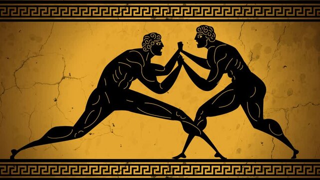 greek wrestling pankration with two fighters in classic orange and black style