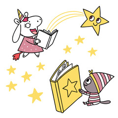 Cute unicorn reading book