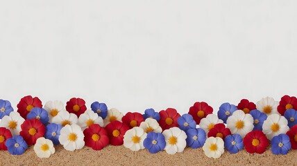 A colorful border of red, white, and blue flowers sits on a sandy surface against a light background