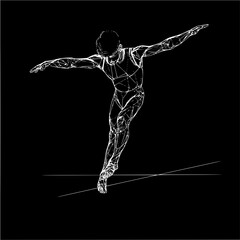 Obraz premium Abstract sketch of a gymnast balancing on a tightrope in white lines against a black background art