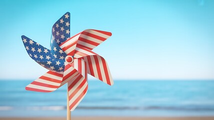 A colorful pinwheel with american flag design spins on a sandy beach with the ocean and blue sky in the background