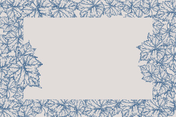 Winter postcard with leaves. Botanical illustration. Blue pattern on a white background.