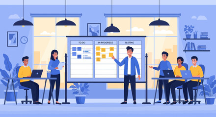Team Collaboration On Scrum Board In Modern Workspace Illustration