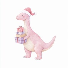 Pink dinosaur in Santa hat joyfully holding Christmas presents on a white background 