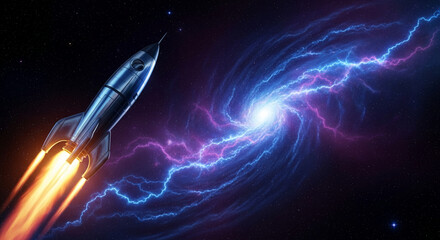 Image of a blue rocket with fire trails flying through a colorful galaxy with a spiral effect, representing ambition and technological advancement