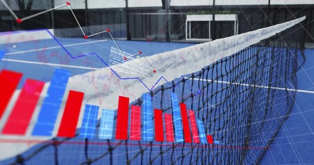 fading in red arrow initiating rising bars and fluctuating line graph showing trends on tennis net - Powered by Adobe