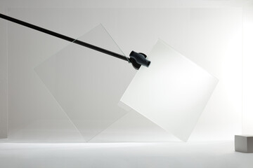 Abstract display of two glass panels (clear and frosted) held by a black mounting rod, showcased in a minimalist, high-key studio environment emphasizing geometric forms and material technology.