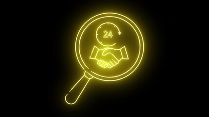 Yellow neon magnifying glass handshake 24hour clock on black background