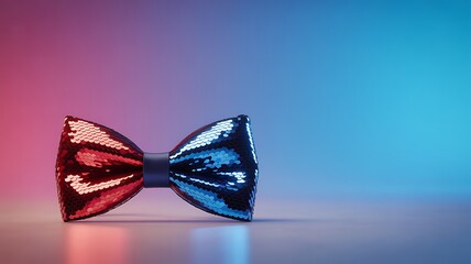 A sparkly red and blue bow tie rests on a reflective surface with a gradient background of pink and blue light