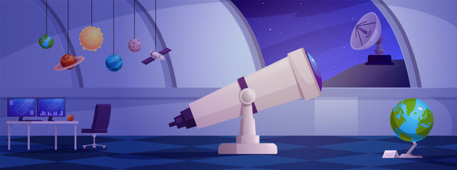 Space observatory rooftop interior with a telescope, stars in the sky, antenna, desk, and globe. © sabelskaya