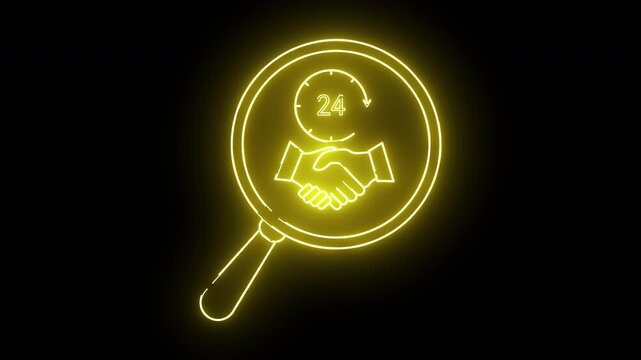 Yellow neon magnifying glass handshake 24hour clock on black background