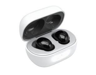 Close-Up of AirPods with Charging Cable and LED Light