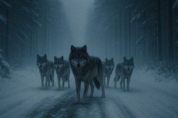 Wolf pack in winter forest