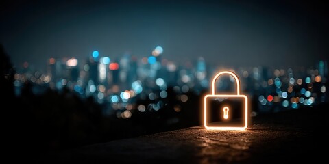 A glowing padlock icon over a city at night