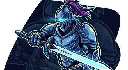 Futuristic knight in glowing blue armor wields a radiant energy sword, ready for digital battle in a cyberpunk realm © DA Image