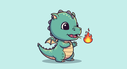 Adorable cartoon dragon breathes a cute flame, perfect for playful designs and whimsical marketing campaigns targeting children and fantasy lovers.
