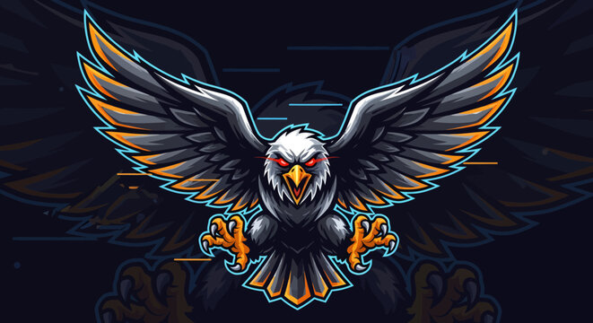 Fierce eagle mascot with glowing eyes and powerful wings ready for action, representing strength and dominance in modern esports and branding