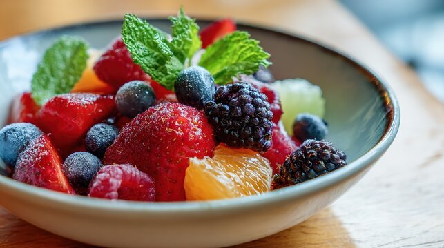   A close-up of a fruit bowl with a mint leaf on top - Powered by Adobe