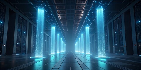 A futuristic server room with rows of glowing blue light pillars, creating a sense of advanced technology and data processing in a vast, digital corridor.