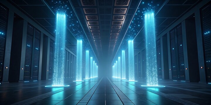 A futuristic server room with rows of glowing blue light pillars, creating a sense of advanced technology and data processing in a vast, digital corridor.