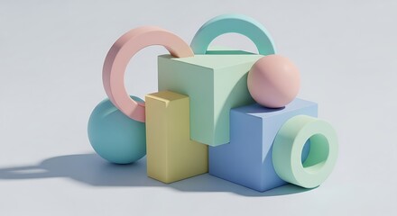 Soft pastel geometric shapes abstract sculpture with smooth rounded edges and subtle shadows