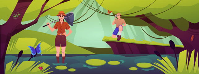 Characters with a net and magnifying glass study insects in a swampy forest.