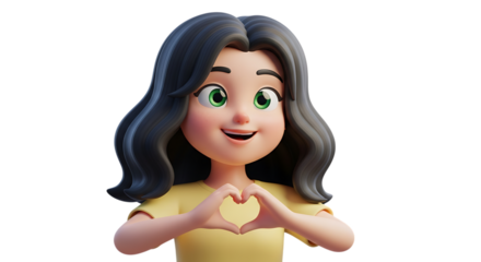 Girl making heart shape with hands isolated on transparent background, smiling
