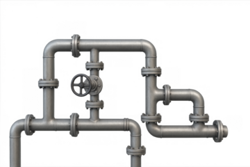 Industrial pipeline system representing oil, gas, and water transportation, with valves and flanges. Transparent background