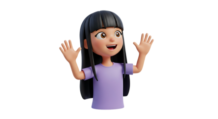 Cartoon girl with black hair waving her hands isolated on transparent background