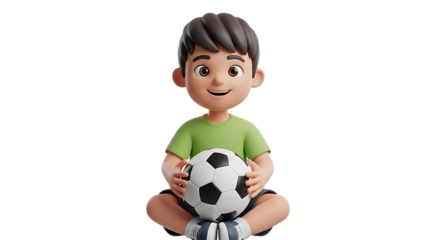 Cartoon boy holding soccer ball isolated on transparent background, sitting cross legged