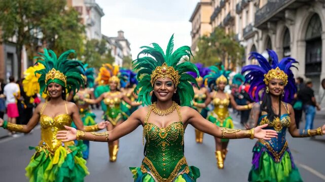 Cheerful Samba Dancers Wearing Elaborate Green and Gold Feathered Costumes at Street Carnival Parade