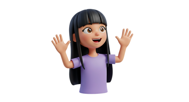 Cartoon girl with black hair waving her hands isolated on transparent background