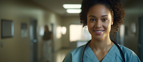 Smiling biracial female healthcare worker in hospital corridor open area for copy medical services