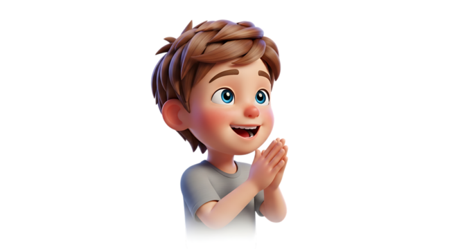 Cartoon boy clapping isolated on transparent background, wearing a gray tshirt