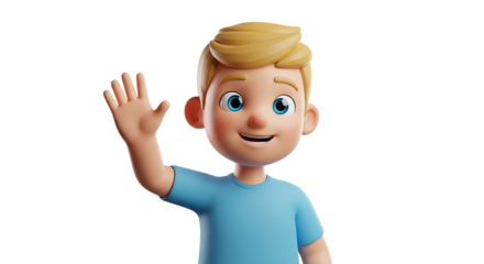 Cartoon boy isolated on transparent background waving his hand in a friendly manner