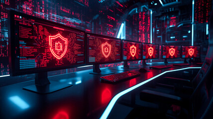 Advanced cybersecurity control room with multiple monitors displaying digital shields and data protection interfaces, symbolizing network defense and cyber threat prevention.