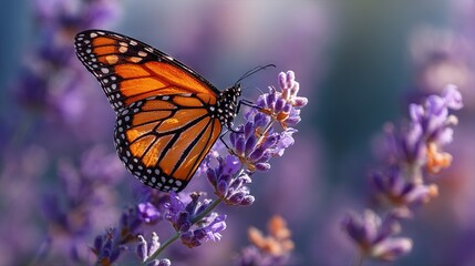 Fototapeta premium A close-up of a butterfly resting on a flower with purple hues in the foreground and an out-of-focus background
