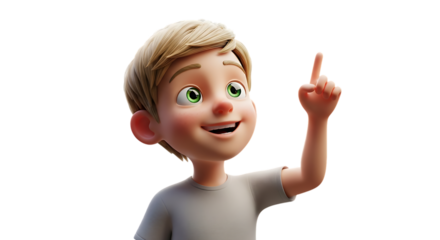 A cartoon boy pointing upwards isolated on transparent background with a big smile